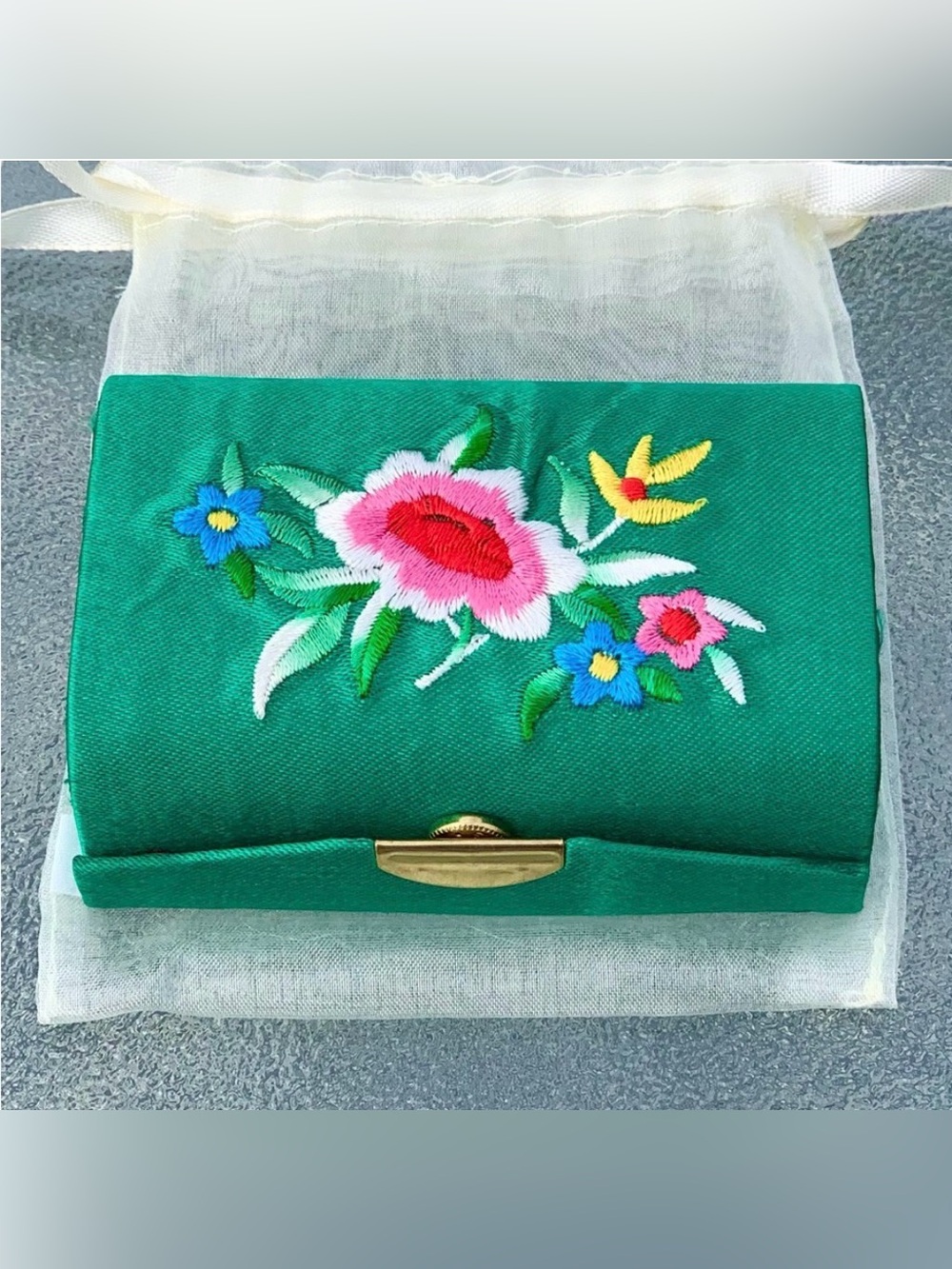 Small Embroidered Floral Green Satin 2-Lipstick Case or Jewelry Box